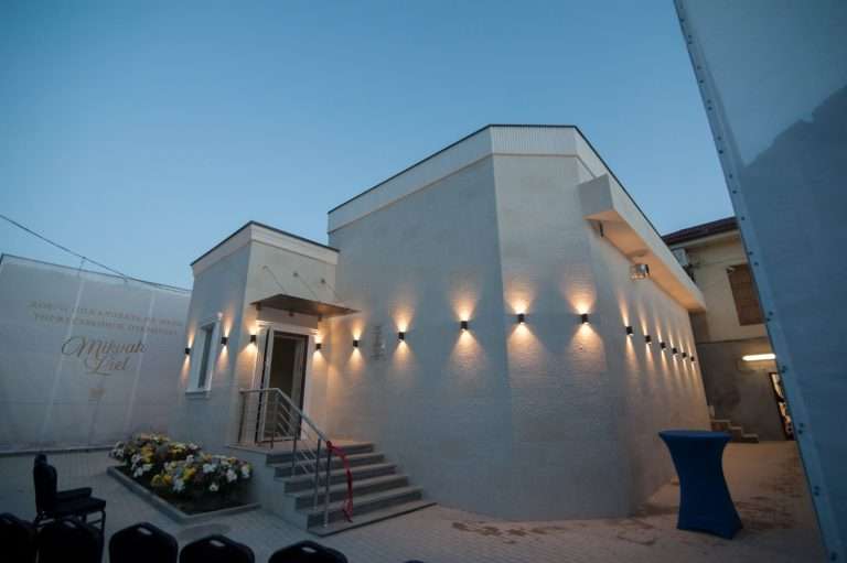 The new mikvah building in Chisinau, Moldova, lit for its opening