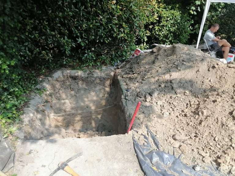 The excavated pit for the mikvah in a garden in Edegem, Belgium