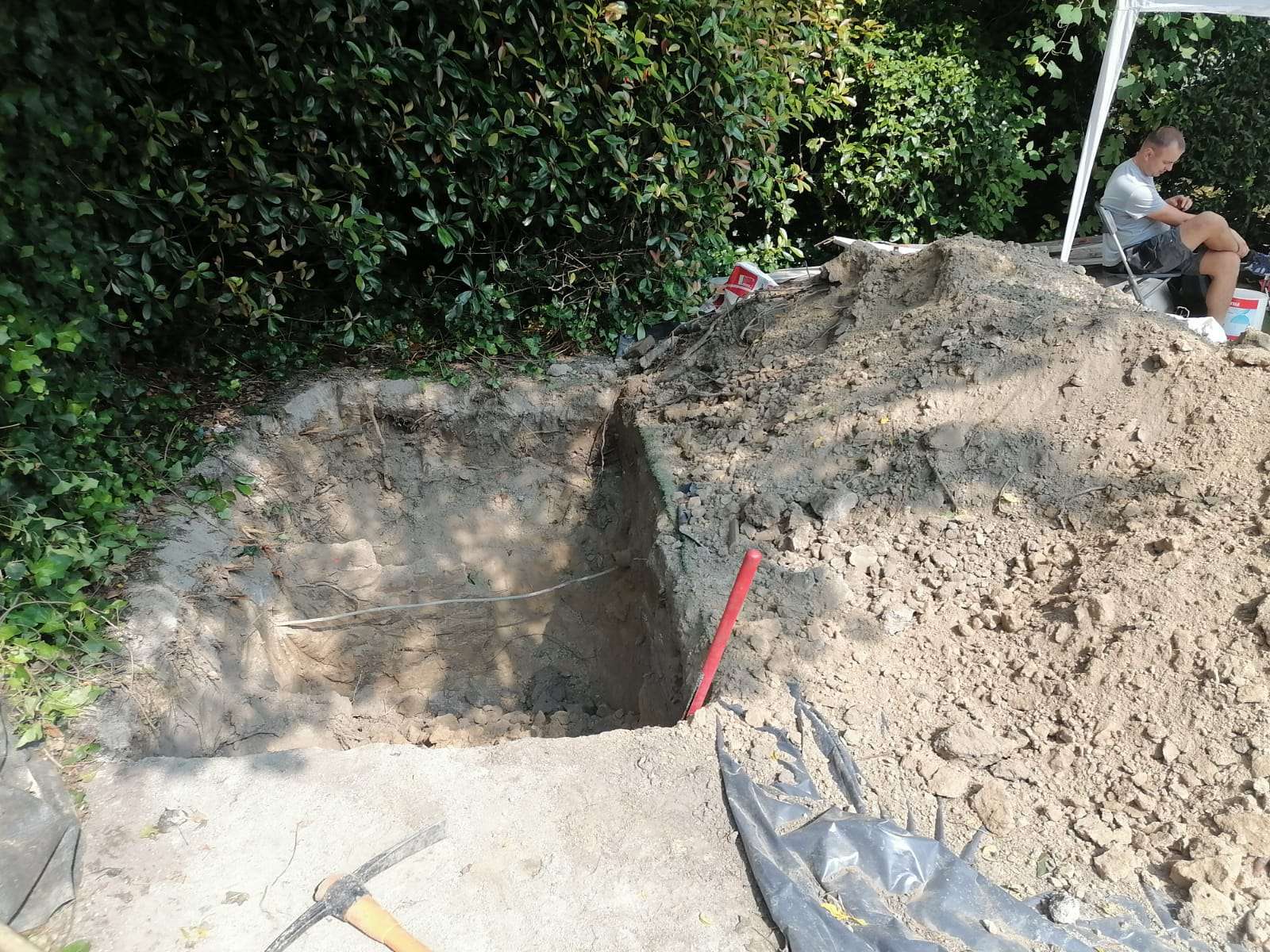 The excavated pit for the mikvah in a garden in Edegem, Belgium